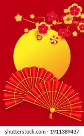 Traditional red hand fans and cherry blossom branch. Oriental Holiday Lunar New Year. Vector EPS10