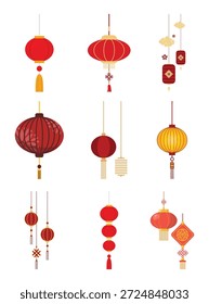 Colección de Vector de linterna roja tradicional. Conjunto de lámparas y luces chinas colgantes para la decoración y celebración del festival del Año Nuevo Lunar