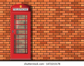 Traditional red London telephone box in front of brick wall, detailed vector with depth