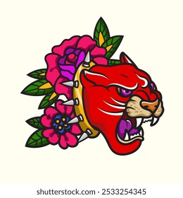 tatuaje de pantera roja tradicional vintage y elemento de diseño de ilustración de flores icono de mascota de tatuaje de la vieja escuela animal salvaje camiseta, ropa.