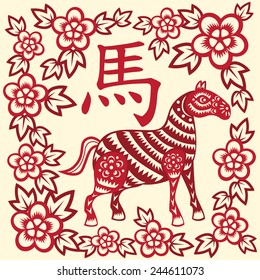 Traditional red paper cut out of Chinese horse zodiac sign.