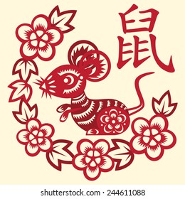 Traditional red paper cut out of Chinese rat zodiac sign.