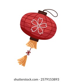 Traditional red paper lantern with print of spring flower. Festive Japanese or Chinese lamp icon. Asian decorations for holidays in Japan. Flat isolated vector illustration on white background