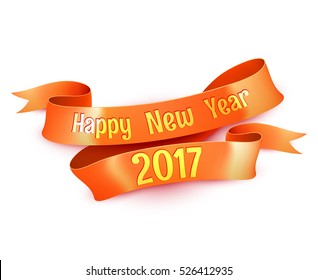 Traditional red ribbon with happy new 2017 year season greetings text decorative element 3d isolated vector illustration 