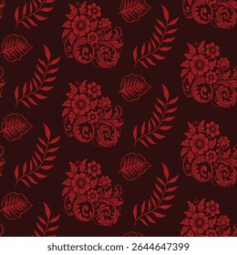 Traditional red seamless pattern featuring ornate floral bouquets and fern leaves on a dark background. A classic, luxurious design for vintage wallpaper and textiles.