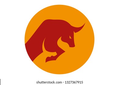 Traditional Red Spanish bull silhouette on the orange sun circle. Corrida symbol