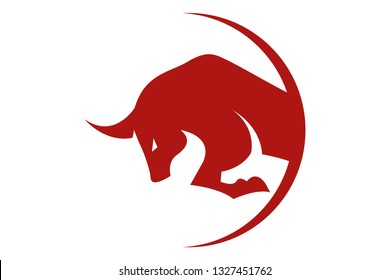 Traditional Red Spanish bull silhouette in the circle. Corrida symbol