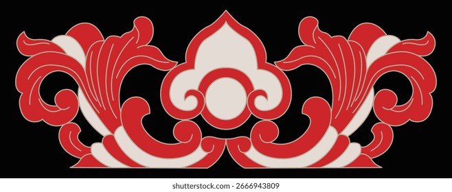 Traditional red and white decorative border with ornate floral and cloud elements.