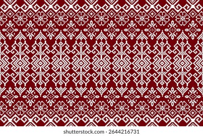 Traditional red and white intricate pattern with geometric and symmetrical designs inspired by folk embroidery.