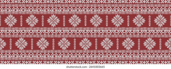 Traditional red and white textile with intricate geometric and floral patterns in a repetitive horizontal layout.