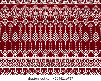 Traditional red and white textile pattern featuring intricate geometric and floral motifs in a repetitive symmetrical design.
