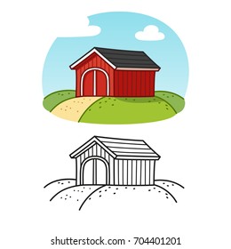 Traditional red wooden barn. Colored drawing and line art. Classic American farm building illustration for coloring book.