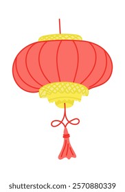 Traditional red and yellow Chinese lantern illustration with intricate details and a decorative tassel, symbolizing celebration and festivity. Vector drawing isolated on white background