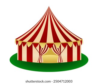 Traditional red and yellow circus tent with a striped pattern and open entrance. Carnival Tent on a green circular ground. For posters, cards, tickets and playbills.