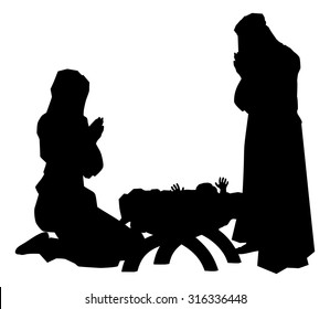 Traditional Religious Christian Christmas Nativity Scene Of Baby Jesus In The Manger With Mary And Joseph In Silhouette