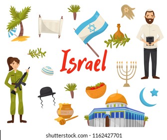 Traditional religious and cultural symbols of Israel set vector Illustrations on a white background