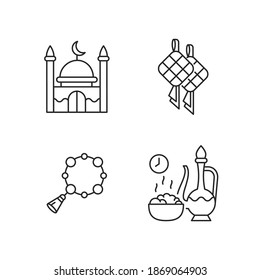 Traditional religious muslim items linear icons set. National food called ketupat. Time for eating dish. Customizable thin line contour symbols. Isolated vector outline illustrations. Editable stroke