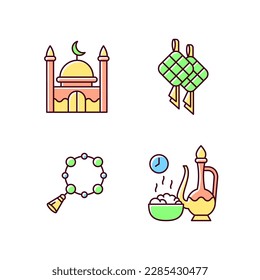 Traditional religious muslim items RGB color icons set. National food called ketupat. Time for eating various dishes. Isolated vector illustrations