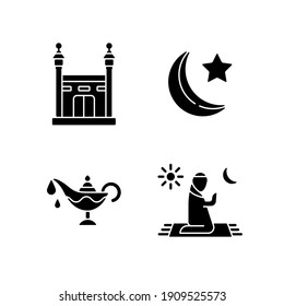 Traditional religious muslim rituals black glyph icons set on white space. Everyday talking with god. Lamp with oil for starting fire. Silhouette symbols. Vector isolated illustration