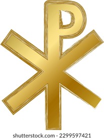 Traditional religious mystical Chirho talisman amulet. Spiritual symbol in golden gradient grunge style. Secret sacred vector sign isolated on white background for decoration