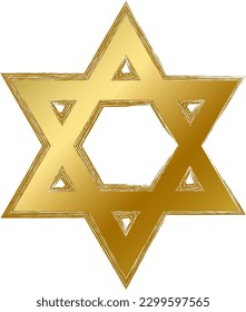 Traditional religious mystical David star talisman amulet. Spiritual symbol in golden gradient grunge style. Secret sacred vector sign isolated on white background for decoration