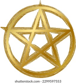 Traditional religious mystical Wicca pentagram talisman amulet. Spiritual symbol in golden gradient grunge style. Secret sacred vector sign isolated on white background for decoration