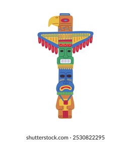 Totem tradicional religioso polo com máscaras tribais decoradas e águia vetor ícone plano. Desenhos animados artesanato indígena aborígine ritual de escultura de rosto. Cultura étnica nativa astecas ou maias