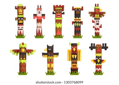 Traditional religious Totem Poles set, native culture tribal symbol, carved idol masks vector Illustrations