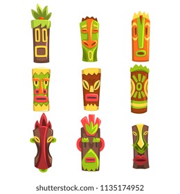 Traditional religious totems set, colorful ethnic tribal ritual masks vector Illustrations on a white background