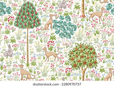 Traditional renaissance tapestry pattern with flowers, trees and animals. Millefleurs trendy floral design. Seamless pattern, background. Vector illustration.