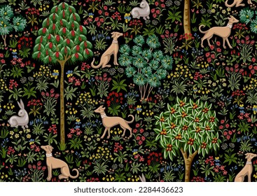 Traditional renaissance tapestry pattern with flowers, trees and animals. Millefleurs trendy floral design. Seamless pattern, background. Vector illustration.