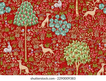 Traditional renaissance tapestry pattern with flowers, trees and animals. Millefleurs trendy floral design. Seamless pattern, background. Vector illustration.