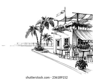 Traditional restaurant by the sea shore sketch