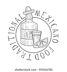 Traditional Restaurant Mexican Food Menu Promo Sign In Sketch Style With Tequila Bottle , Design Label Black And White Template