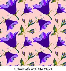 Traditional retro bluebell flower summer seamless pattern. Liberty style millefleurs design for textile, digital print, paper or web background.