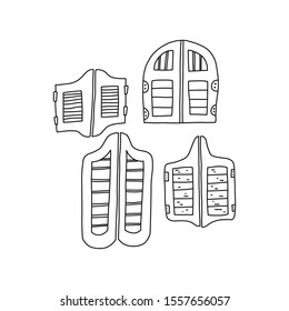Traditional retro door saloon, vector illustration. Set wooden doors in tavern in wild west. 