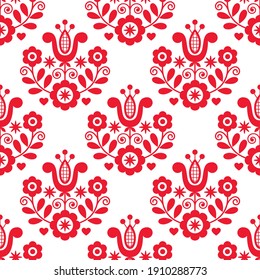 Traditional retro floral vector seamless red and white design perfect for textile or fabric print. Inspired by folk art from Nowy Sacz, Poland. 
Retro pattern or wallpaper with flowers and leaves