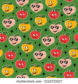 Caricatura tradicional vectorial de fruta retro sin costura patrón naranja melocotón