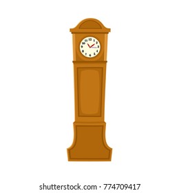 Traditional retro style grandfather clock in tall wooden case, flat cartoon vector illustration on white background. Retro, antique grandfather clock, timepiece, interior decoration element