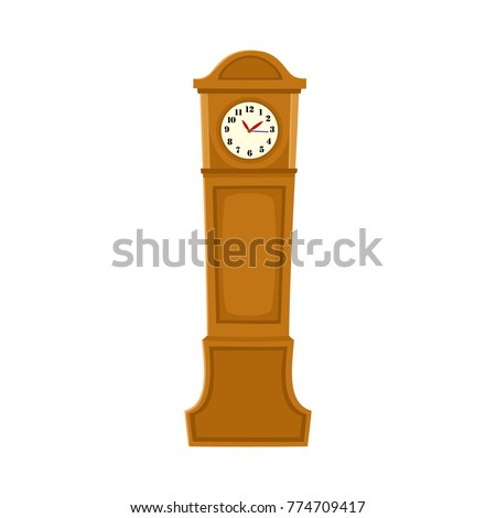 Traditional retro style grandfather clock in tall wooden case, flat cartoon vector illustration on white background. Retro, antique grandfather clock, timepiece, interior decoration element