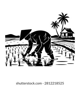 Traditional rice farmer working in paddy fields with palm trees