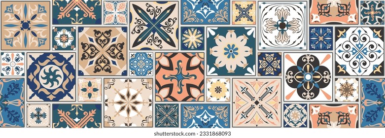 Traditionell reich portugiesisch dekorative Azulejos Fliesen Farbe. Abstrakter Hintergrund. Handgezeichnete Vektorgrafik, typisch portugiesische Fliesen, Keramikfliesen. Nahtloses Muster.