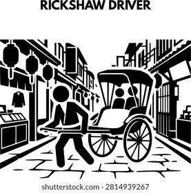 Traditional Rickshaw Puller Transporting Passengers in Old Town Street Vector Illustration