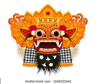 Traditional ritual Balinese Barong god golden face mask with fur decorated by flowers, vector stylized illustration isolated on white background