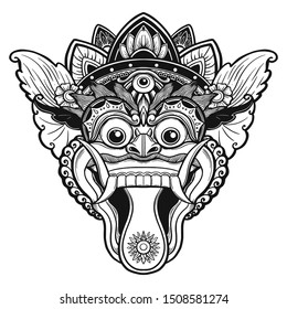 Traditional ritual Balinese mask. Vector outline illustration for coloring book isolated.