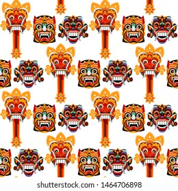 Traditional ritual Barong Masks panther-like creature. Bali, Indonesia. Seamless background pattern. Vector illustration. 