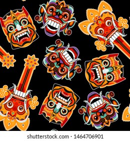 Traditional ritual Barong Masks panther-like creature. Bali, Indonesia. Seamless background pattern. Vector illustration. 