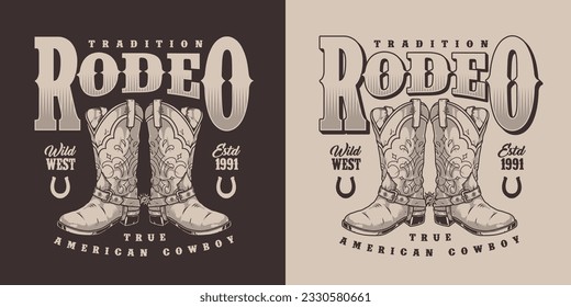 Traditional rodeo vintage sticker monochrome with leather boots real American cowboy from wild west ranch or farm owner vector illustration