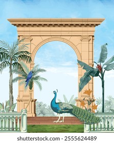 Traditional Roman garden arch peacock wallpaper. Vintage classical Roman botanical tree landscape illustration.