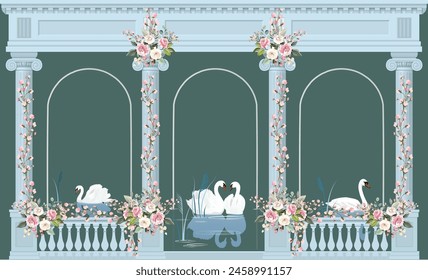 Traditional Roman garden, arch, swan, wallpaper. Greek Roman  illustration border for wedding invitation, wedding backdrop.